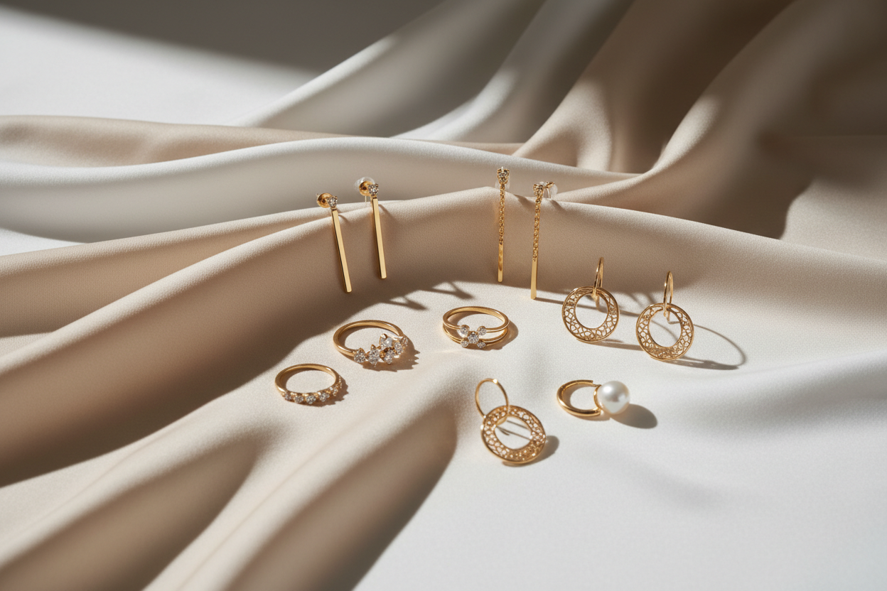 Créer pour moi une image sur un fond clair de couleur beige et blanc avec un effet drapé. Sur cette image ajoute des bijoux doré (bagues et boucles d'oreilles)